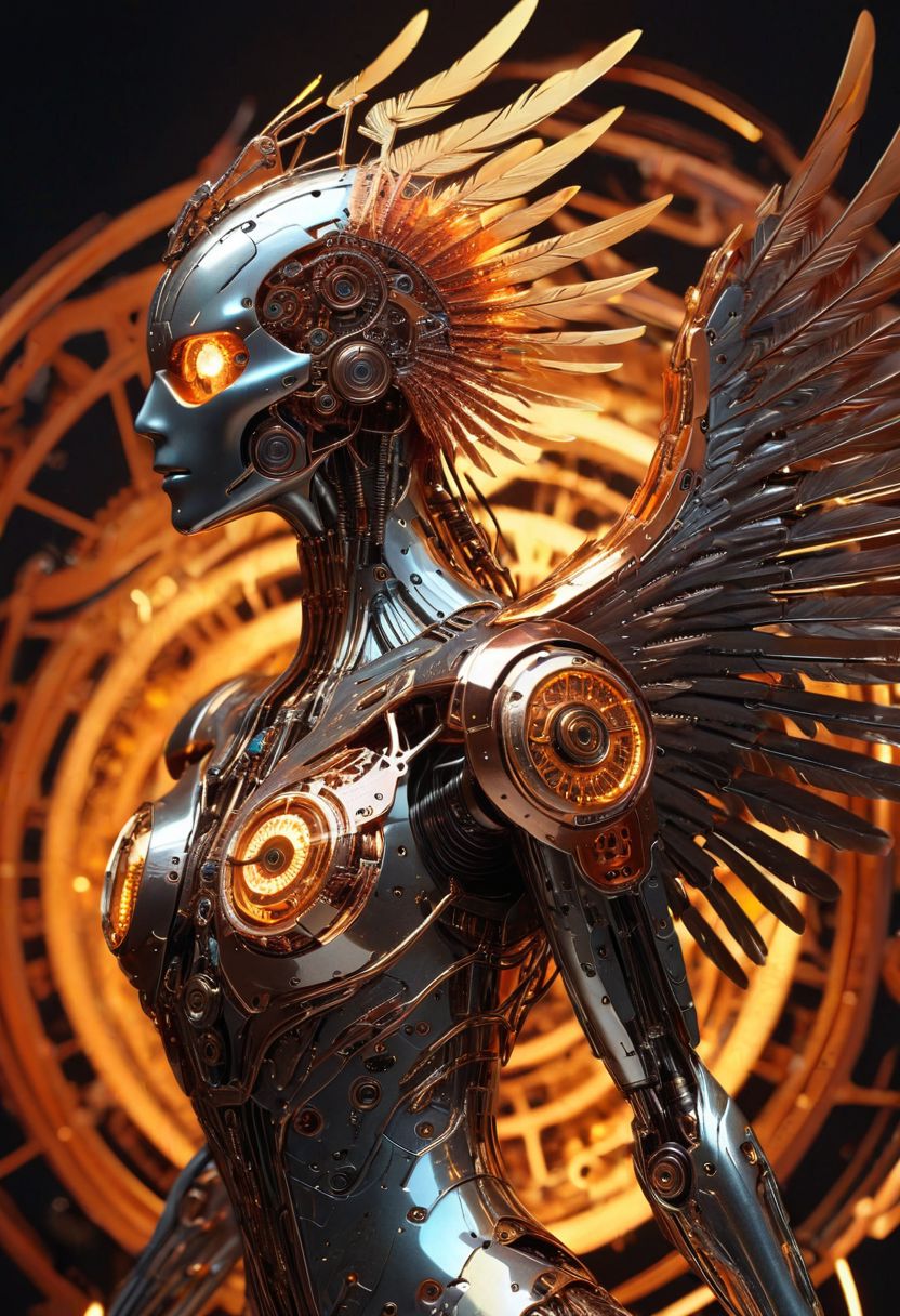Cybernetic phoenix, intricate clockwork feathers, circuits, gears, glowing embers, metallic sheen, flowing lines, triumphant pose, ashes, detailed close-up, focus on the phoenix