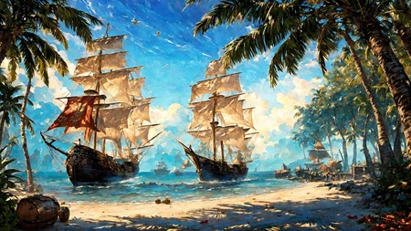 (young redhead pirate woman), ((oil paint) portrait), (parrot:1.2), sharp focus, (ultradetailed), (standing), (happy) smile, pirate (ship galleon:1.2, hoop earrings, gold medallion, Rhodamine Red pirate clothes, pirate hat, hips, pirate (village), leafy beach coast, (treasure chest with coins, gems and jewels:1.2), (rum barrel), best quality masterpiece, bright sunny sky, backlight, natural lights, high contrast, hdr, shadows, pretty, beautiful, feminine, sexy, adorable, lovely, in love, (PirateDiffusionprt:0.5), <lora:Pirate:0.3> PrateT <lora:PirateRealms:0.3> <lora:Detail Tweaker LoRA add_detail:0.8> <lora:depth_of_field_slider_v1:5> <lora:SDXLrender_v2.0:0.9>