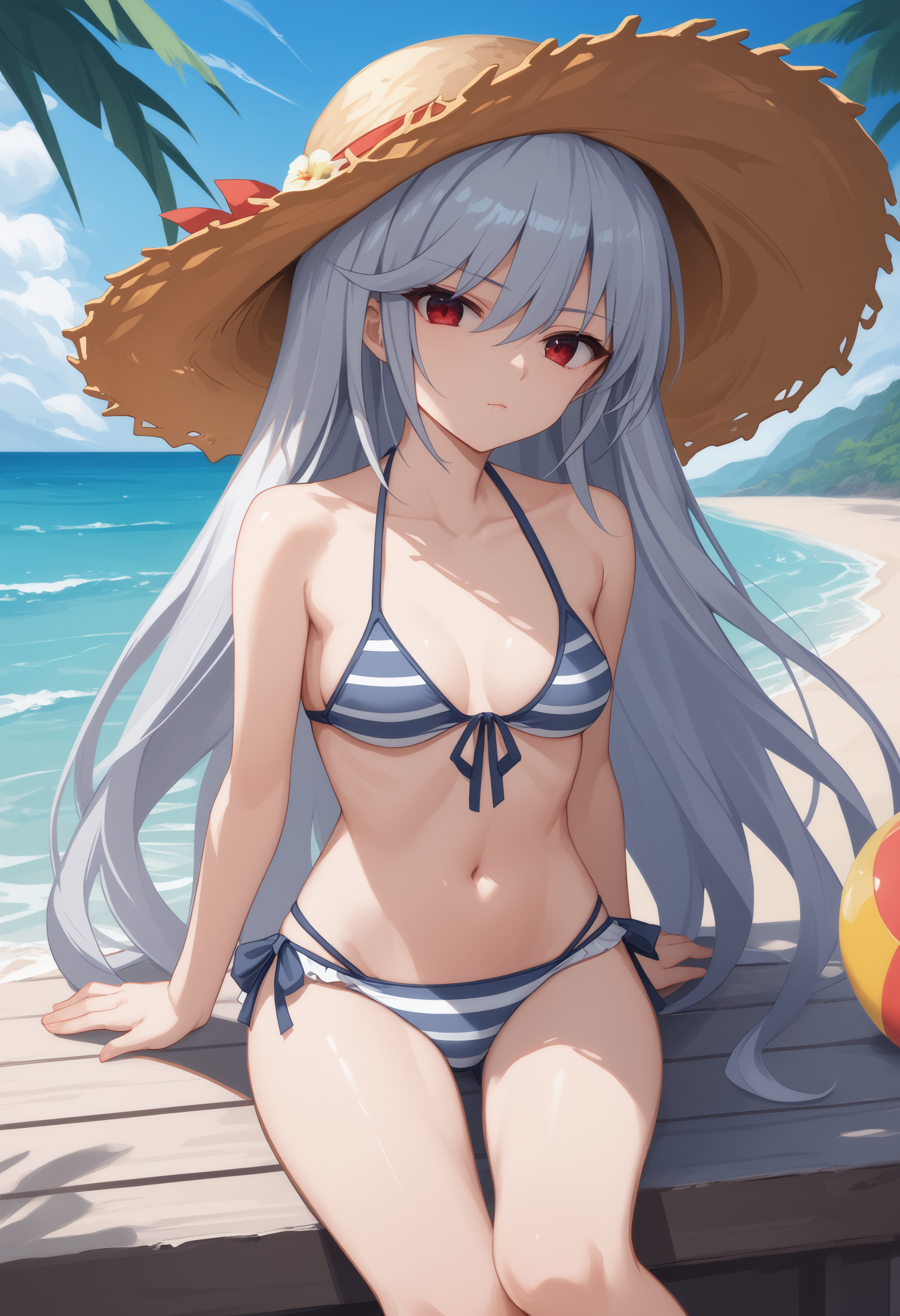 score_9, score_7_up,   1girl, kzk, silver hair, long hair, red eyes,  bikini, beach, straw hat, sitting, looking at viewer,  <lora:Kazuki new 2-000009:1>