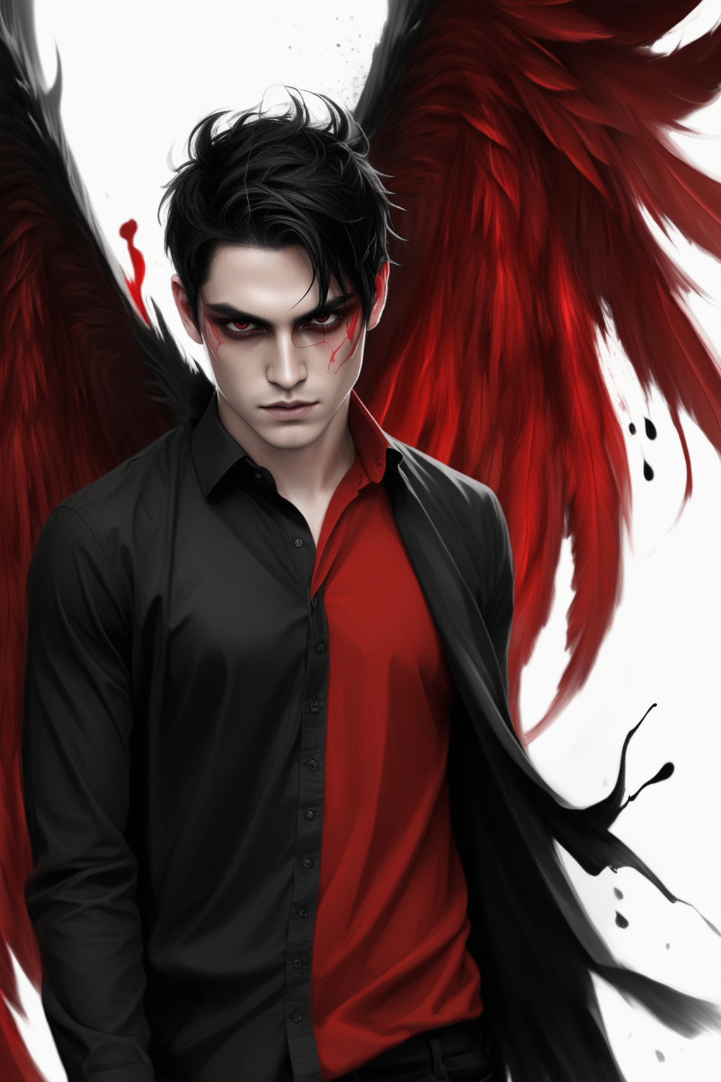 male, black hair, black eyes, clothes in red shirt, black demonic wings, demonic, black ink flow, two tone masterpiece by Agnes Cecile, concept art, intricately detailed, complex  <lora:Malbonte XL:0.9> malbonte