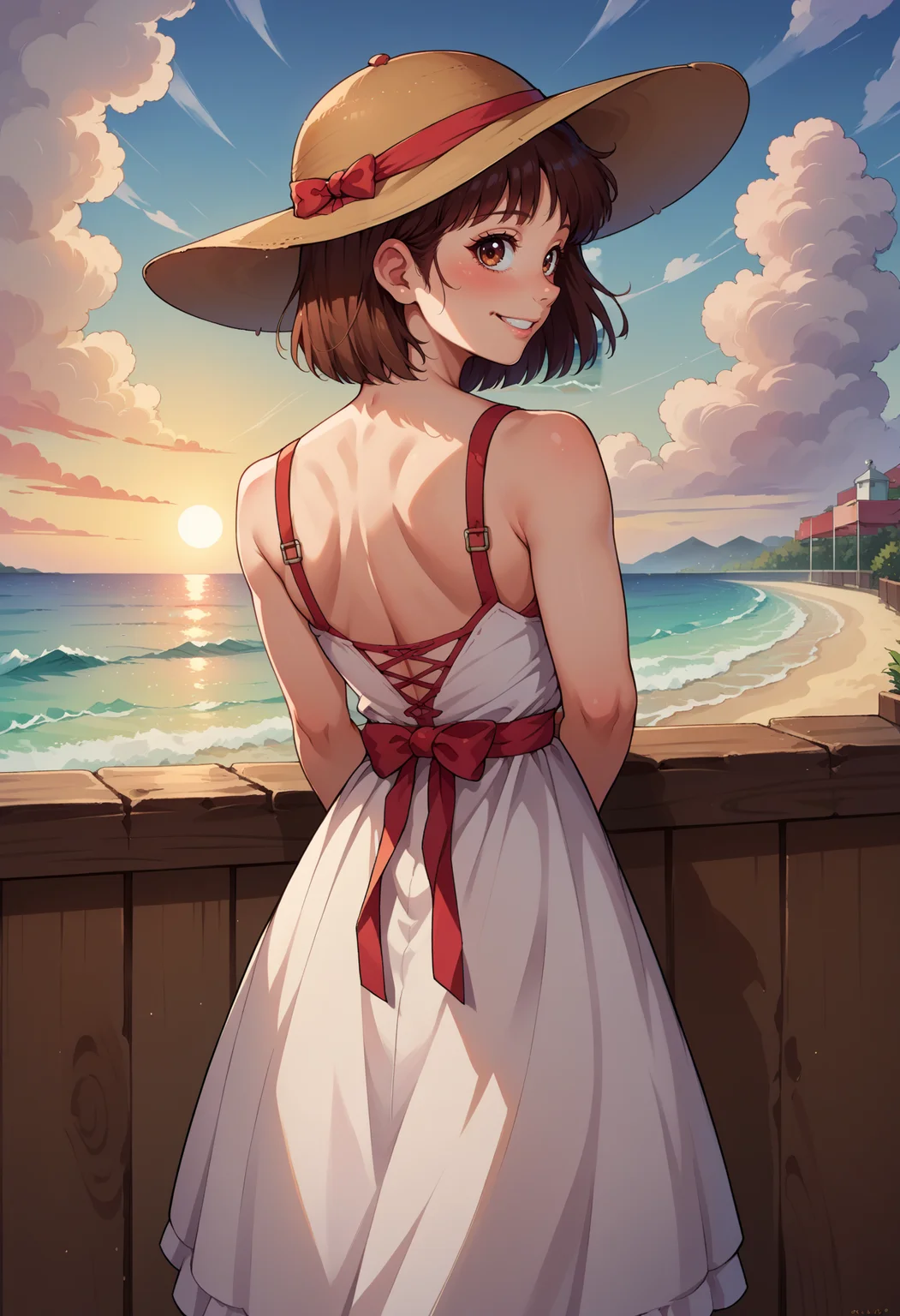 score_9, score_8_up,score_7_up, source_anime, detailed background, absurdres, looking at viewer, 1girl, solo, <lora:EPguTakayaNoriko_epoch_6:1> , EPguTakayaNoriko, brown hair, brown eyes, short hair,
smile, from behind, white dress, looking back, blush, arms behind back, bare shoulders, female focus, looking at viewer, hat, back, dress, sundress, outdoors, sun hat, sky, sunset, ocean, reflective water,