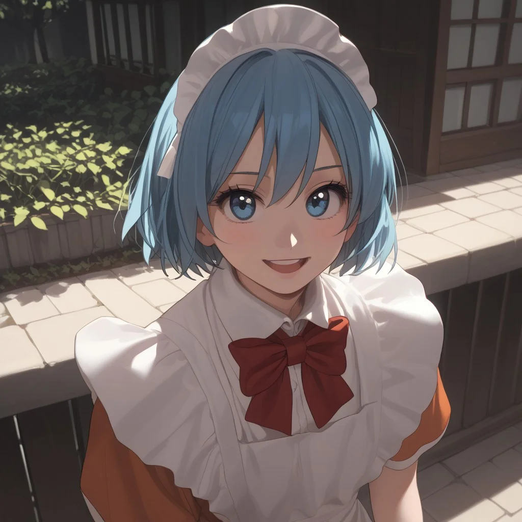 abbystea style, score_9, score_8_up, score_7_up, best quality, high detailed, BREAK
female, solo, long eyelashes, cute,
Chikoi the Maid, maid, white maids headband, blue hair, short hair, blue eyes, Red bow tie, orange maid suit
looking at you,
scenery porn, outdoors,
sunlight, high angle, face focus, saturated colors, smile, open mouth