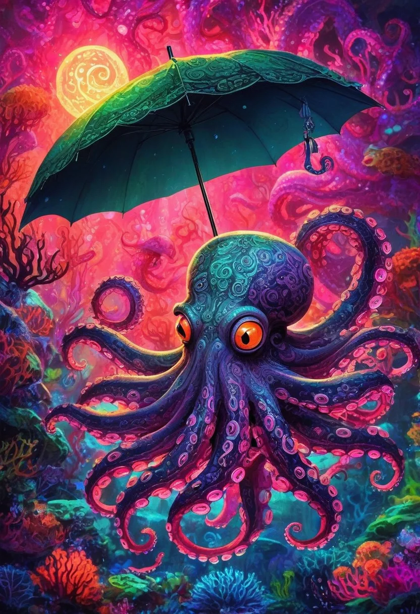 CreepyCuteMagical, A neon-colored octopus wearing a tiny top hat and monocle, holding a glowing umbrella with its tentacles as it floats through a sea of bioluminescent coral. The coral pulses with radiant greens, pinks, and purples, casting an otherworldly light. Schools of translucent, glowing fish swirl around the octopus, giving the scene a sense of enchanting underwater elegance.