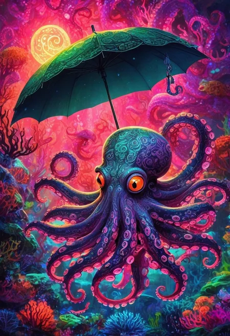 CreepyCuteMagical, A neon-colored octopus wearing a tiny top hat and monocle, holding a glowing umbrella with its tentacles as it floats through a sea of bioluminescent coral. The coral pulses with radiant greens, pinks, and purples, casting an otherworldly light. Schools of translucent, glowing fish swirl around the octopus, giving the scene a sense of enchanting underwater elegance.