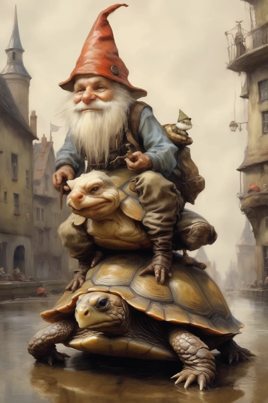 <lora:Jean-Baptiste Monge Style:1>Jean-Baptiste Monge Style - A gnome sitting on top of a slow-moving turtle, hyper-realistic, a painting in the style of Jean-Baptiste Monge