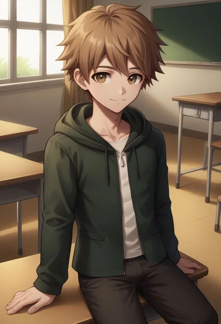 score_9, score_8_up, source_anime, highly detailed, 1boy, solo,
chihiro,1boy, brown hair, male focus, solo, skirt, smile, closed mouth, bangs, brown eyes, hoodie, hood, hood down, pants, short pants,
indoor, sit, classroom,
