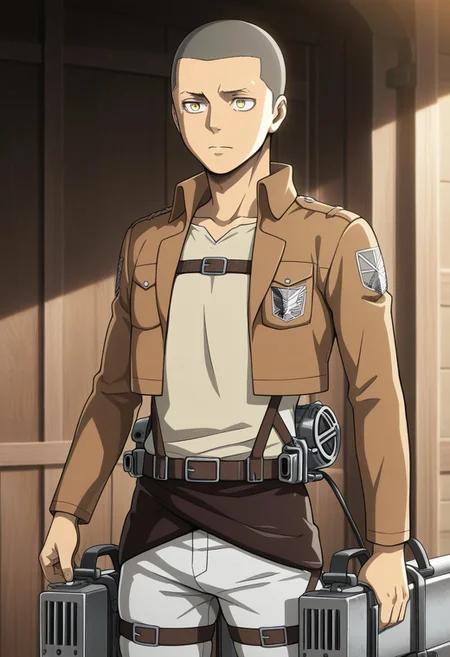 masterpiece, best quality, amazing quality, very aesthetic, absurdres, newest, detailed background, warm natural lighting, lively and bustling atmosphere, background details visible, shiny skin, outdoor,
1boy, ConSpretime, very short hair, buzz cut, yellow eyes, paradis military uniform (jacket, shirt, pants), emblem, three-dimensional maneuver gear, thigh strap