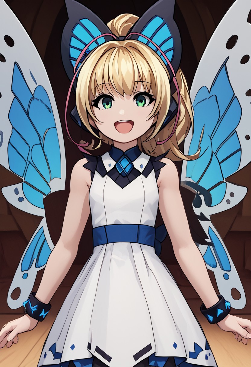 score_4,score_5,score_6,score_7_up,score_8_up,score_9
((masterpiece,best quality,ultra detailed,highres,HD,4k:1.2)),
1girl,solo,girl forcus,upper body,
long hair,blonde hair,side locks,multicolored hair,ponytail,hair ornament,butterfly hair ornament,green eyes, wings,butterfly wings,sleeveless,dress,white thighhighs,shoes,bracelet,jewelry,
Stage, idol stage,
open mouth,happy,smie,