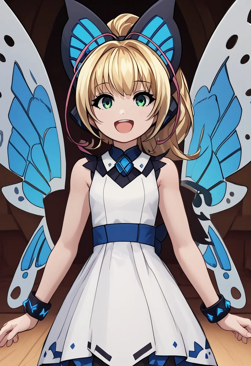 score_4,score_5,score_6,score_7_up,score_8_up,score_9
((masterpiece,best quality,ultra detailed,highres,HD,4k:1.2)),
1girl,solo,girl forcus,upper body,
long hair,blonde hair,side locks,multicolored hair,ponytail,hair ornament,butterfly hair ornament,green eyes, wings,butterfly wings,sleeveless,dress,white thighhighs,shoes,bracelet,jewelry,
Stage, idol stage,
open mouth,happy,smie,