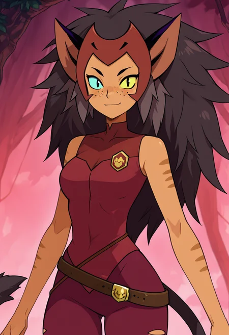 masterpiece, best quality, solo, curvy, beautiful eyes, zzCatra, green eyes, yellow eyes, multicolored hair, cat girl, furry, big hair, brown hair, long hair, animal ears, cat ears, heterochromia, colored sclera, yellow sclera, dark skin, freckles, blue eyes, sleeveless, belt, torn clothes, tail, black hair, pants, , <lora:CatraShera_IXL:1.0>, , smile, looking at viewer, cowboy shot, ,<lora:HaradaTakehito_NAI:1.0>,