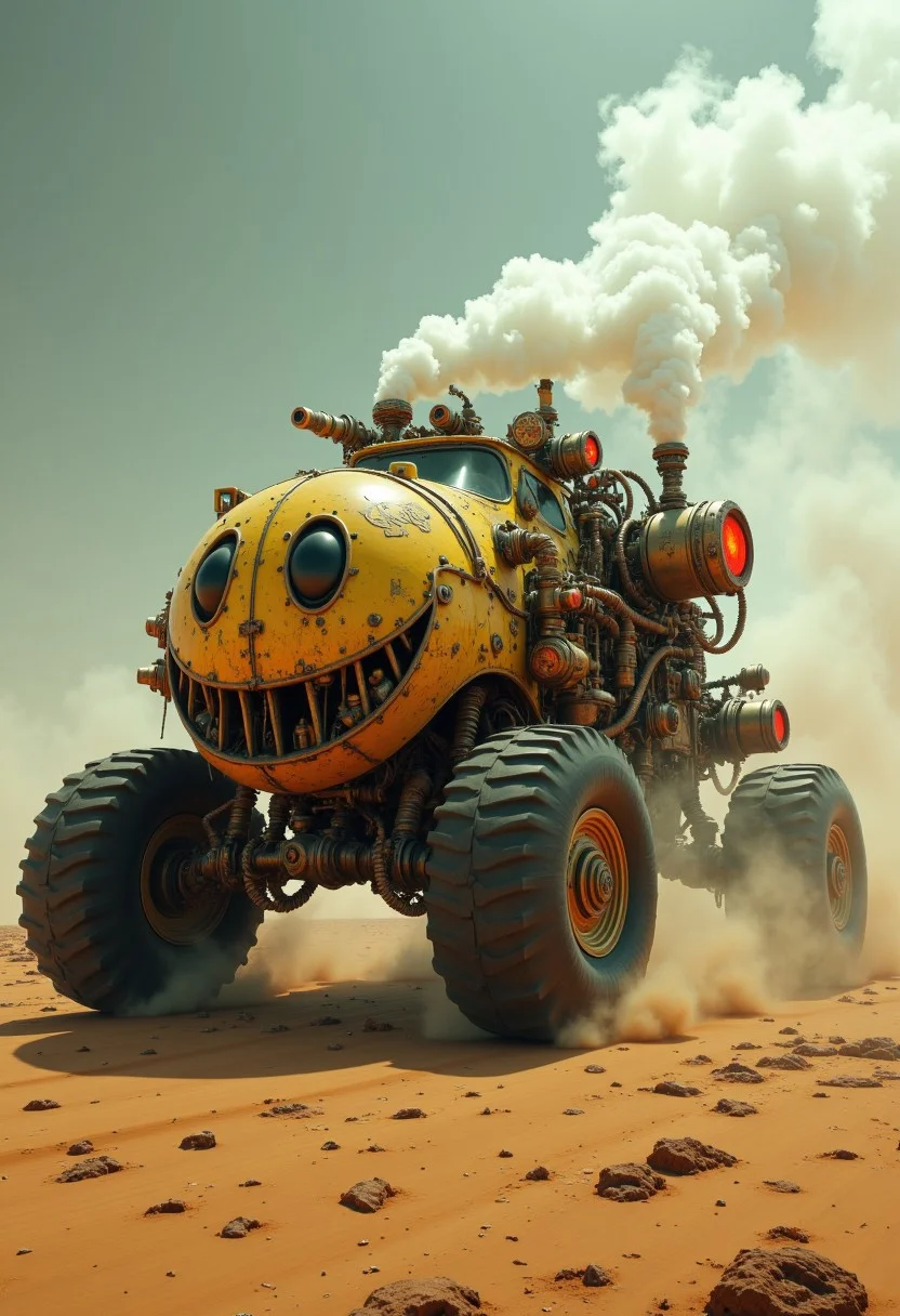 cpstyle01. A highly detailed, photorealistic scene of a futuristic, steampunk-inspired vehicle racing across a vast, bleached desert. The landscape is barren and desolate, with endless, arid sand dunes stretching into the distance, and swirling dust storms in the background. The vehicle, resembling a large, oversized smiley emoji in shape, is an eccentric blend of steam-powered technology and advanced sci-fi elements, built for the harsh conditions of a dystopian wasteland.
The vehicle’s yellow, faded exterior resembles a worn, weathered smiley face, with the colors heavily desaturated, giving it a faded, almost ghostly look. Massive steam valves and pipes snake around its rounded shape, releasing puffs of thick vapor as it powers through the sand. The oversized wheels, adorned with rusty bronze and copper gears, create an industrial, steampunk aesthetic.
Strange, futuristic exhausts and mechanical arms protrude from the sides, covered in alien symbols and glowing markings. The entire design exudes a sense of chaos and creativity, with jagged edges, exposed steam engines, and a mixture of mechanical and cybernetic components.
The desaturated, faded atmosphere of the desert amplifies the sense of decay and isolation, with steam rising from the vehicle’s vents and a trail of glowing embers following behind.