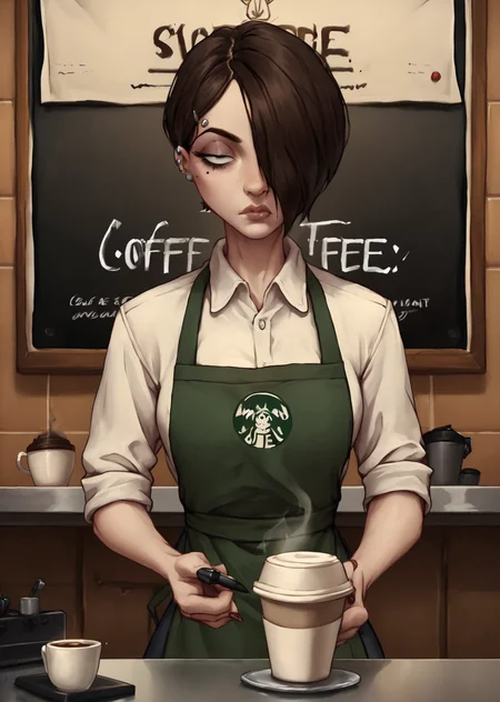 score_9, score_8_up, score_7_up, score_6_up, <lora:Carrie_Rosenburg:0.8>, Carrie, 1girl, solo, hair over one eye, piercing, detailed background, coffee shop, uniform, apron,