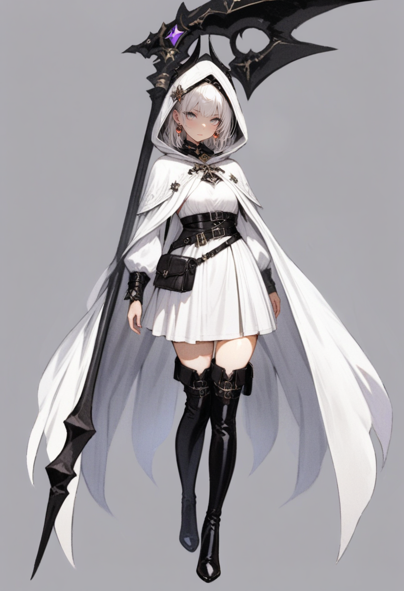 masterpiece, best quality, <lora:RECXL_ANI31_lokr_V43P1NF:0.95>  1girl, solo, boots, scythe, white background, black footwear, full body, simple background, thighhighs, hood, weapon, standing, looking at viewer, cloak, belt, hood up, white hair, thigh boots, grey eyes, hair ornament, white dress, dress, white cloak, closed mouth, jewelry, black thighhighs, short hair, earrings, holding scythe, hooded cloak, knee boots, pouch, grey hair