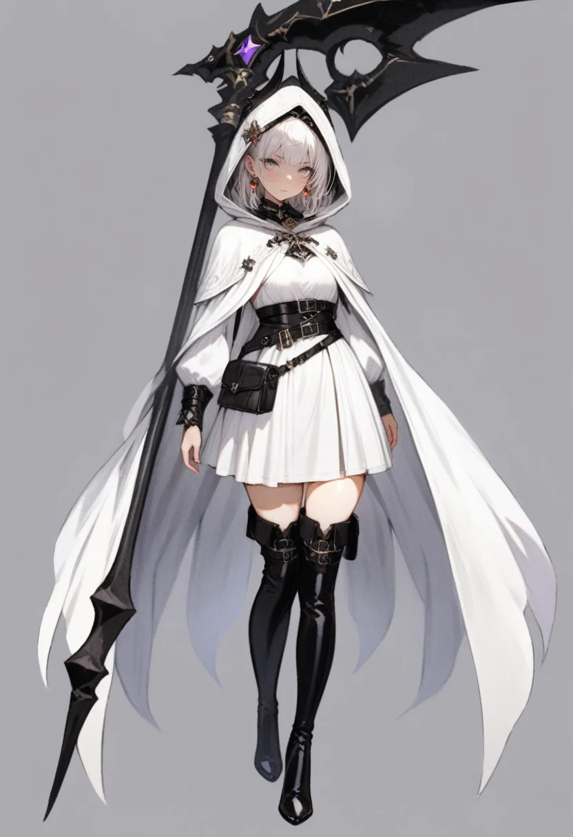 masterpiece, best quality, <lora:RECXL_ANI31_lokr_V43P1NF:0.95> 1girl, solo, boots, scythe, white background, black footwear, full body, simple background, thighhighs, hood, weapon, standing, looking at viewer, cloak, belt, hood up, white hair, thigh boots, grey eyes, hair ornament, white dress, dress, white cloak, closed mouth, jewelry, black thighhighs, short hair, earrings, holding scythe, hooded cloak, knee boots, pouch, grey hair