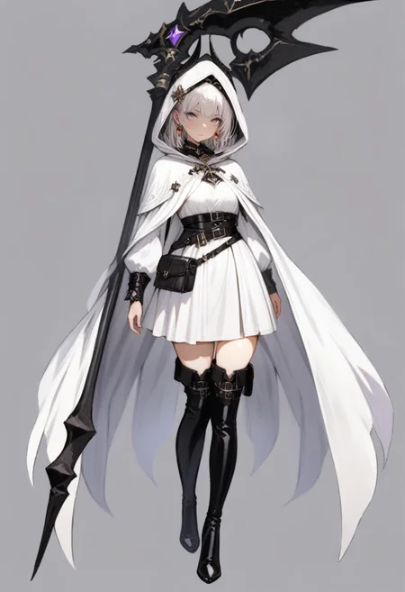 masterpiece, best quality, <lora:RECXL_ANI31_lokr_V43P1NF:0.95> 1girl, solo, boots, scythe, white background, black footwear, full body, simple background, thighhighs, hood, weapon, standing, looking at viewer, cloak, belt, hood up, white hair, thigh boots, grey eyes, hair ornament, white dress, dress, white cloak, closed mouth, jewelry, black thighhighs, short hair, earrings, holding scythe, hooded cloak, knee boots, pouch, grey hair