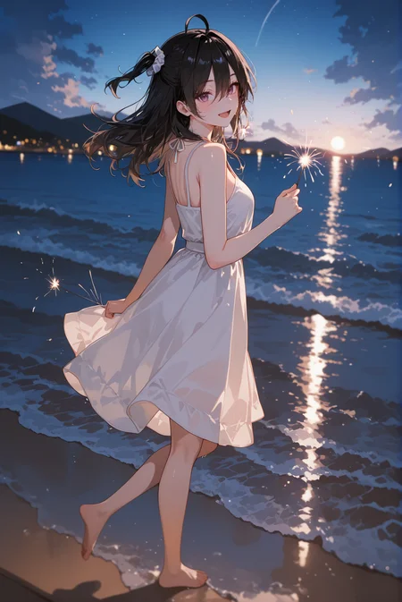 perfect quality,high quality,masterpiece,best quality,amazing quality,very aesthetic,Cinematic Lighting,newest,Tactical use of shadow,
1girl,solo,long hair,black hair,hair between eyes,ahoge,purple eyes,AyanoKimishima Cyql,
sparkler, outdoors, fireworks, barefoot, dress, scenery, sky, smile, night, white dress, ocean, open mouth, standing, beach, cloud, holding fireworks, looking at viewer, water, standing on one leg, horizon, one side up, from side, :d, blush, night sky, sleeveless dress, city lights, multicololens flare, sleeveless, blurry, bokeh, sundress, shore, holding, bare shoulders, full body, bare arms, depth of field, sunset, scrunchie, breasts, mountainous horizon, mountain, cloudy sky,  waves, blurry background,  star (sky), blue sky, sand,  leg up, sun, looking to the side, lights, reflection, walking, moon, bare legs, floating hair,
<lora:ponyv4_noob1_2_adamW-000017:0.7>,<lora:spo_sdxl_10ep_4k-data_lora_webui:0.6>,<lora:USNR STYLE_XL_lokr:0.45>,<lora:illustrious_all_rated_v1:0.7>,<lora:96YOTTEA-WAI:0.8>,<lora:Ayano Kimishima_Illustrious by Cyql:1>,