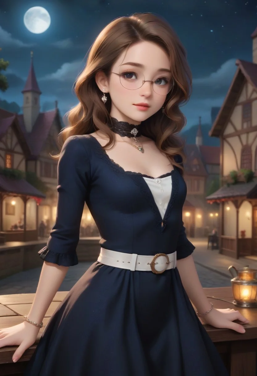 score_9, score_8_up, score_7_up, masterpiece, illustration, the best quality, ((solo)), 1girl, beautiful tender 18 years, lipstic, eyewear, small chest, small ass,
Sexy pose, seductive smile, 
1girl, clairefoley, brown hair, black eyes,  round glasses,
Luxurious, beautiful, luxurious gothic dress,   dark blue dress (lace, white frills, white belt), luxurious jewels, white lace choker, bracelet
Night, stars, only one Moon, 
 on rooftop, on top of medieval town, night time,
dynamic angle, cowboy shot, dynamic pose, cute, realistic, wide shot, view legs