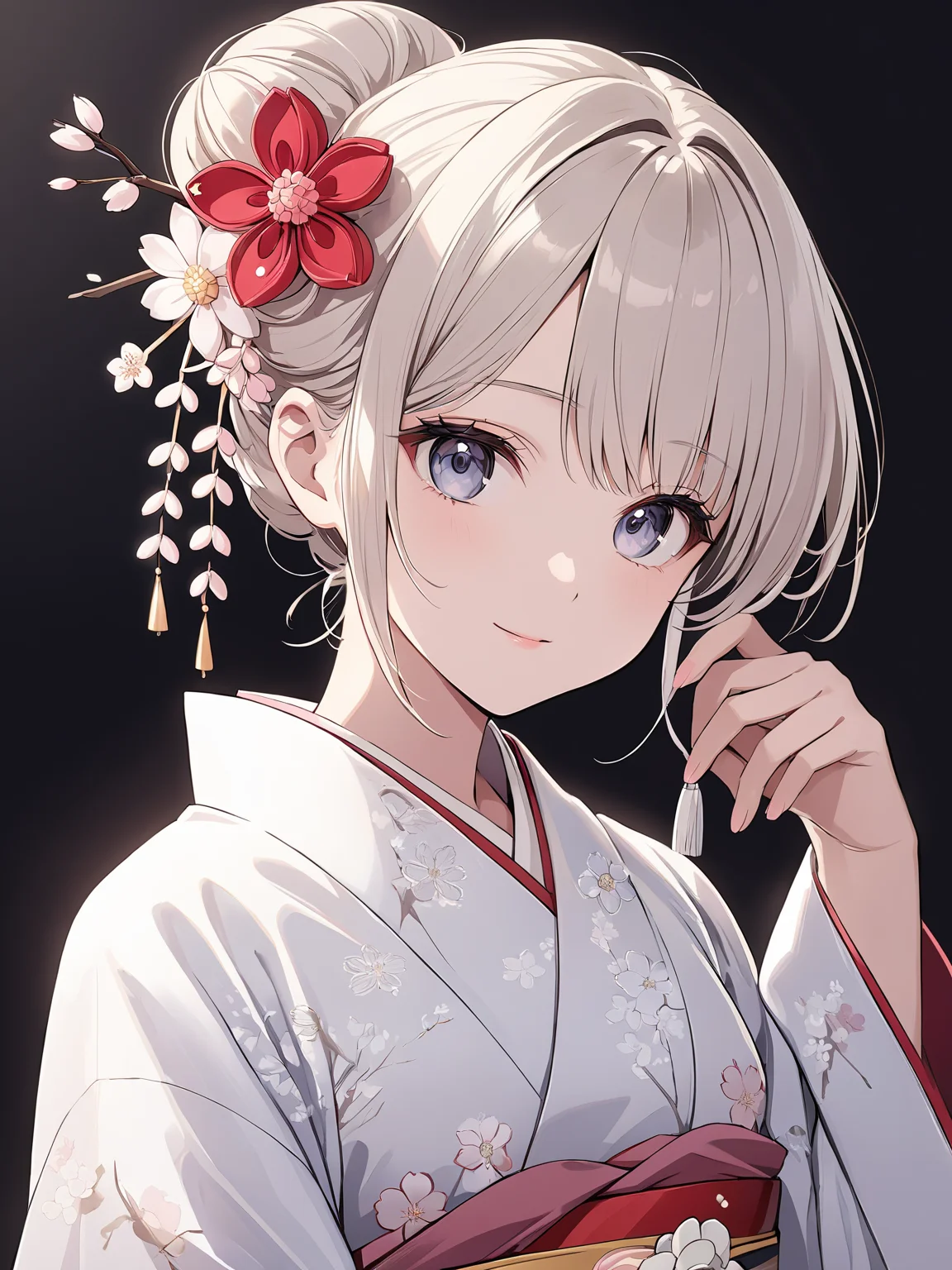 masterpiece,ultra-detailed,best quality,8K,illustration,cute face,clean skin ,shiny hair,girl,ultra-detailed-eyes,simple background, <lora:add-detail-xl:1> <lora:kanzashi_XL_V1.0:0.6> kanzashi, hair flower,hair bun,kimono,cherry blossom