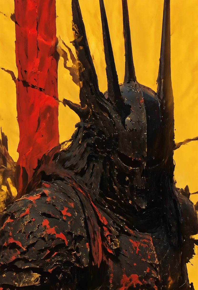 Fantasy armor, holy armor, devil armor, armor, grimmold, ne0nfant4sy, Artsy Illustration Style—A highly detailed illustration, high resolution with sharp quality, depicting a close-up of an armored figure wearing an avant-garde improvisation of a samurai helmet. The helmet features two elongated, branching red metallic horns that rise like jagged spires, radiating an ominous yet divine presence. The figure’s black eyes are hollow and unreadable, shrouded in shadow, while the lower half of the face is veiled by a glowing red scarf emitting an ethereal, pulsating light that subtly illuminates the surrounding armor. The armor is matte black, a fusion of sleek modern design and ancient craftsmanship, with highly polished surfaces reflecting fragmented streaks of crimson glow. Layered plating and intricate engravings enhance its mystique, exuding both celestial grace and demonic intensity. The composition is set in an angled side view, accentuating the figure’s imposing silhouette against a vivid, solid yellow background, creating a powerful contrast that amplifies the dark tones and glowing red energy, evoking a fusion of myth and futuristic artistry.