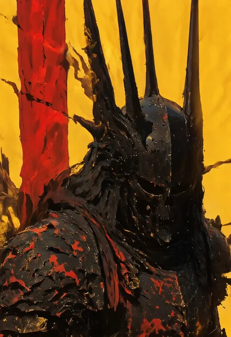 Fantasy armor, holy armor, devil armor, armor, grimmold, ne0nfant4sy, Artsy Illustration Style—A highly detailed illustration, high resolution with sharp quality, depicting a close-up of an armored figure wearing an avant-garde improvisation of a samurai helmet. The helmet features two elongated, branching red metallic horns that rise like jagged spires, radiating an ominous yet divine presence. The figure’s black eyes are hollow and unreadable, shrouded in shadow, while the lower half of the face is veiled by a glowing red scarf emitting an ethereal, pulsating light that subtly illuminates the surrounding armor. The armor is matte black, a fusion of sleek modern design and ancient craftsmanship, with highly polished surfaces reflecting fragmented streaks of crimson glow. Layered plating and intricate engravings enhance its mystique, exuding both celestial grace and demonic intensity. The composition is set in an angled side view, accentuating the figure’s imposing silhouette against a vivid, solid yellow background, creating a powerful contrast that amplifies the dark tones and glowing red energy, evoking a fusion of myth and futuristic artistry.