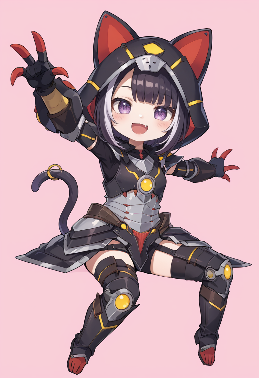(score_9:0.9),score_8_up,score_7_up,rating_safe,anime style,(zPDXL),<lora:Almudron armor ponyXL v1:0.73>,1girl,solo,purple eyes,black mechanical cat tail,pink background,chibi,smile,black cat hood,simple background,outstretched arms,blush,:d,virtual youtuber,looking at viewer,open mouth,black hair,multicolored hair,full body,cosplay,sitting,almudron armor,black thigh armor,black knee boots,black claw gauntlets,full armor,