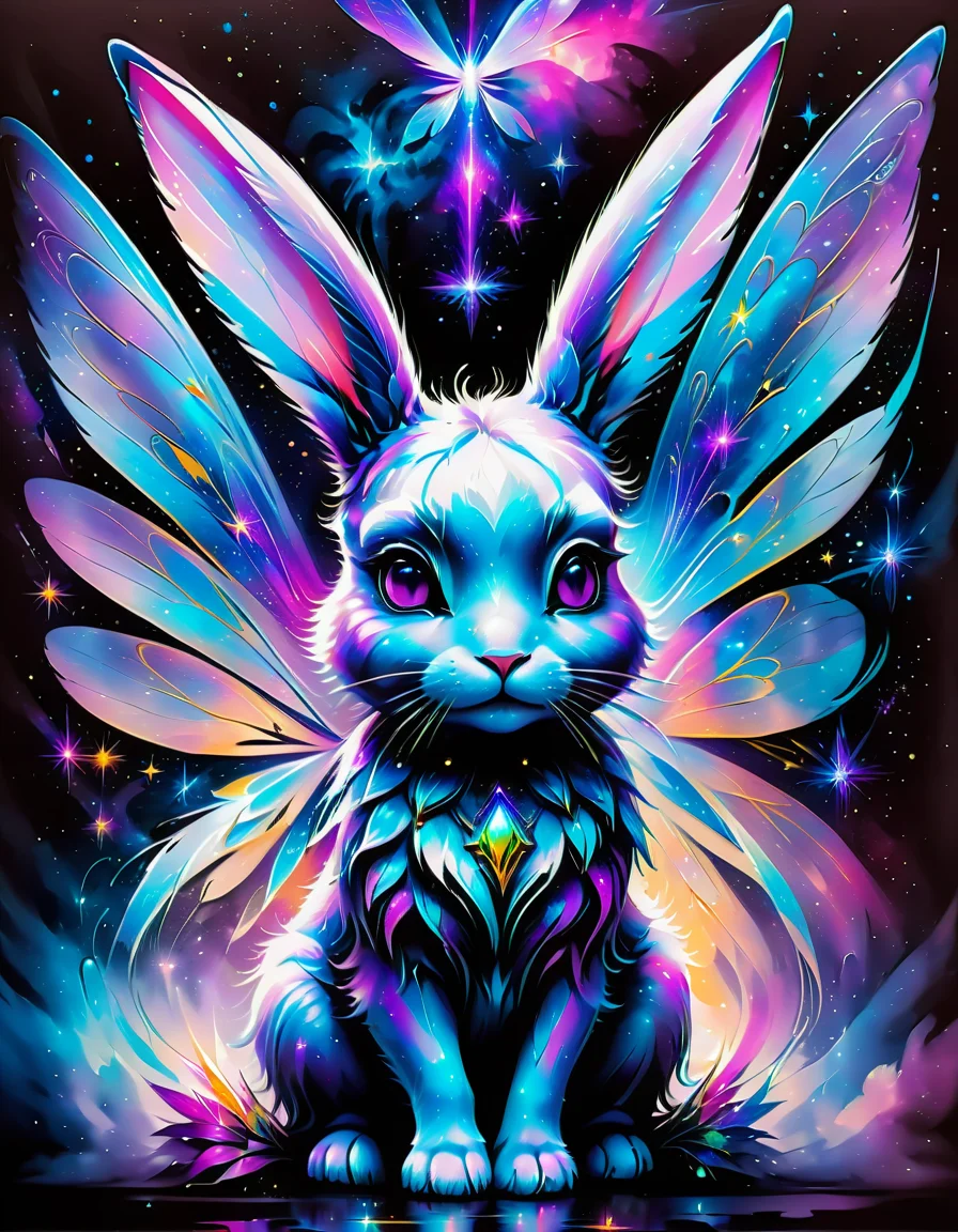 a fantasy hybrid creature,fairy bunny, symmetrical wings, nebula, sparkling colors, purple and blue, highly detailed, beautiful lighting, ethereal, mystical, 8k, vibrant colors, beautiful backlighting, <lora:SDXLPaintSplash:0.7> Colorsplash