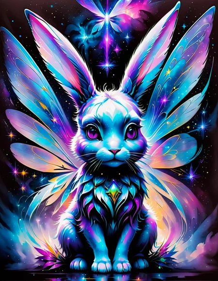 a fantasy hybrid creature,fairy bunny, symmetrical wings, nebula, sparkling colors, purple and blue, highly detailed, beautiful lighting, ethereal, mystical, 8k, vibrant colors, beautiful backlighting, <lora:SDXLPaintSplash:0.7> Colorsplash