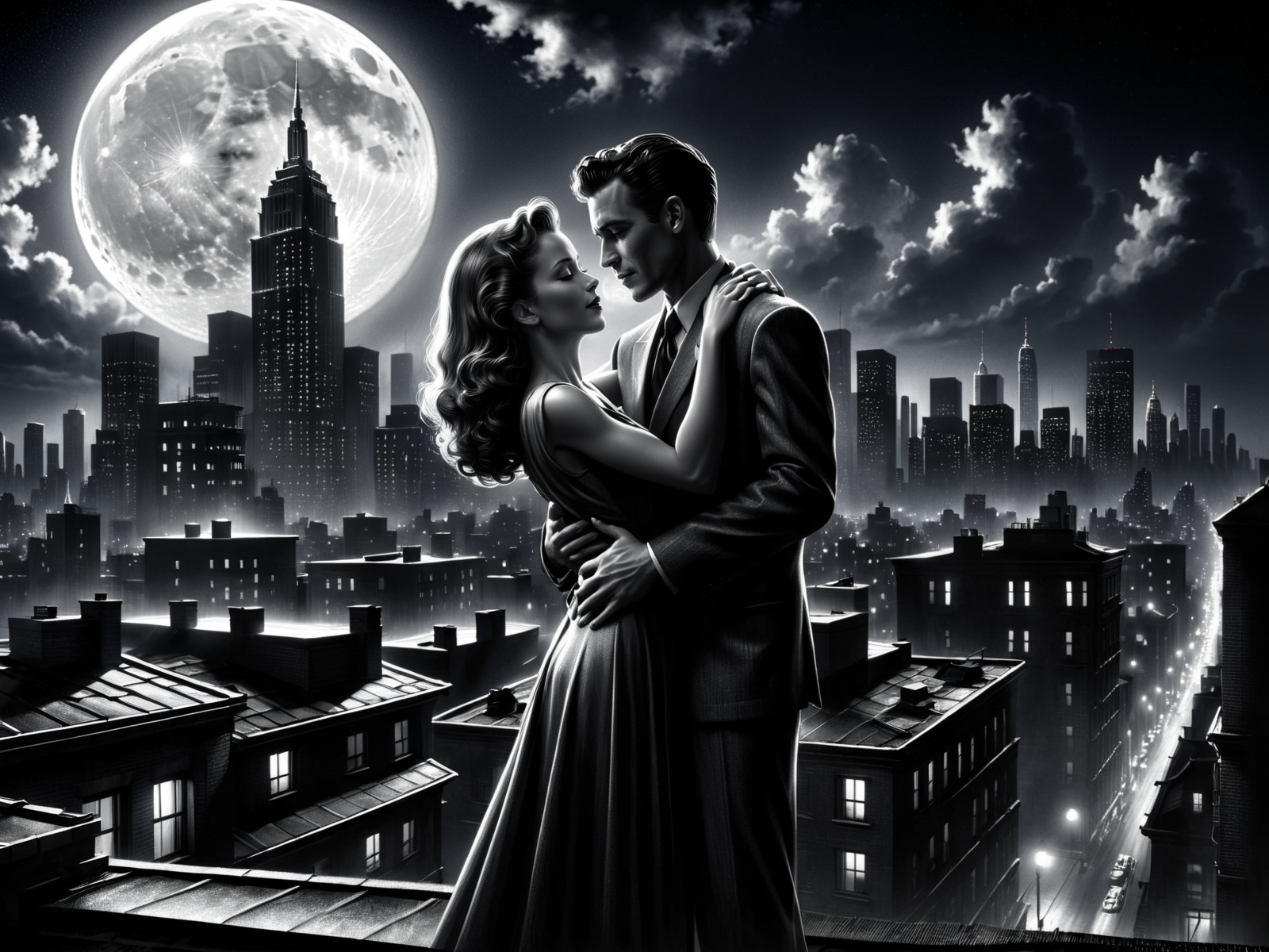 man and woman embracing, rooftop, cityskyline in the background, 1940, noir, night, moon<lora:Sin_City_Movie_Style_SDXL:0.8> mad-sincity, (masterpiece:1.2), best quality, (hyperdetailed, highest detailed:1.2), high resolution textures