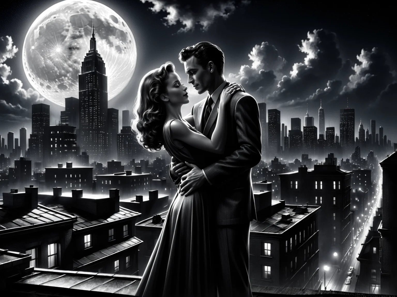man and woman embracing, rooftop, cityskyline in the background, 1940, noir, night, moon<lora:Sin_City_Movie_Style_SDXL:0.8> mad-sincity, (masterpiece:1.2), best quality, (hyperdetailed, highest detailed:1.2), high resolution textures