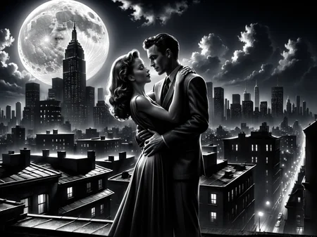 man and woman embracing, rooftop, cityskyline in the background, 1940, noir, night, moon<lora:Sin_City_Movie_Style_SDXL:0.8> mad-sincity, (masterpiece:1.2), best quality, (hyperdetailed, highest detailed:1.2), high resolution textures