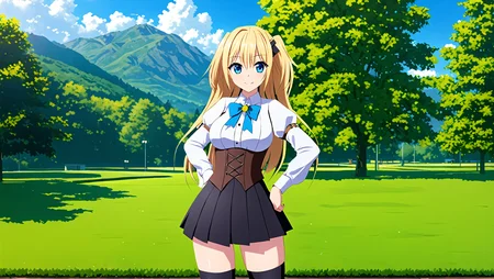 masterpiece, best quality,
<lora:heronever_astel.sdxl.v1:0.9>
aster, academyoutfit, 1girl, solo, looking at viewer, smile, blue eyes, skirt, shirt, thighhighs, long sleeves, bow, twintails, school uniform, standing, pleated skirt, outdoors, sky, day, puffy sleeves, black thighhighs, cloud, black skirt, tree, blue sky, hand on hip, grass, nature, scenery, mountain, landscape, brown corset,