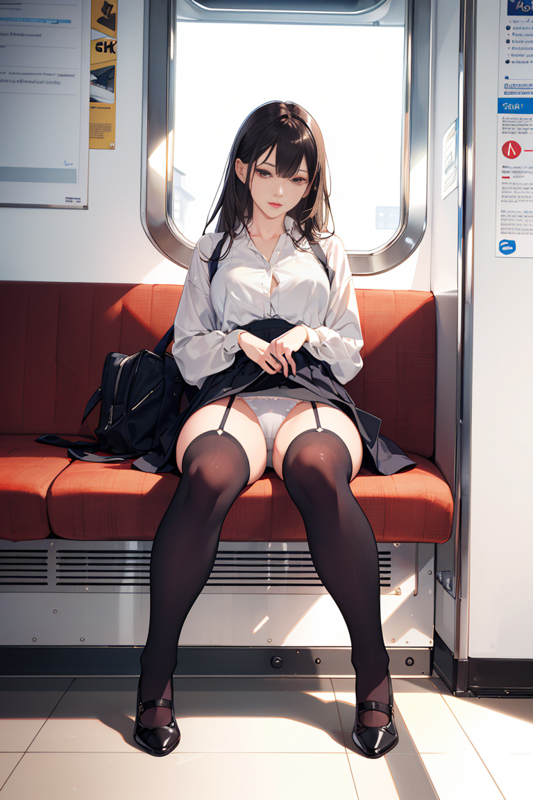 (masterpiece, best quality, 8k, RAW photo, beautiful and aesthetic:1.2),  complex detail, Indirect light, photorealistic,
full body, 
 Button-down linen sundress with a square neckline, 
 <lora:SClus_001-03:1>Train women , sitting chair , under skirt,  thighhighs, underwear, erotic lingerie, (panties visible),  pantyshot, glowing,