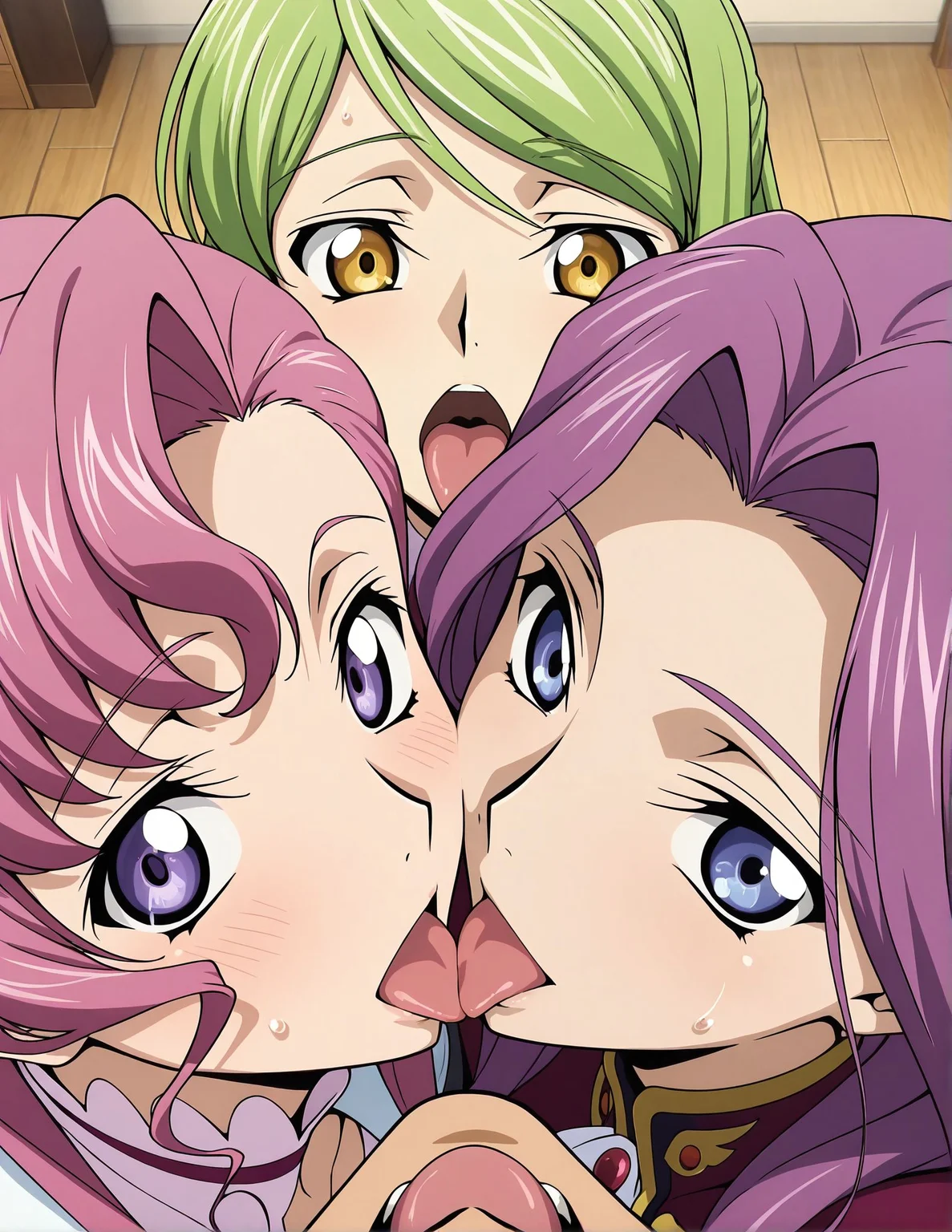 masterpiece,best quality,amazing quality,very aesthetic,absurdres,newest, huge filesize,
<lora:spo_sdxl_10ep_4k-data_lora_webui:0.5>,
<lora:add-detail-xl:1>anime screenshot, 2d,anime coloring, flat color,
code geass,official art,
<lora:group_kiss:0.5>3pffmkiss , pov,
3rd_kiss,group kiss, third-person perspective, close-up shot,
3girls, 1 boy,hetero, open mouth, from above ,looking at viewer,
tongue out,
sweat, sweatdrop,
BREAK
c.c.,
BREAK
kujou karen,
euphemia li britannia,
BREAK
cornelia li britannia, code geass,