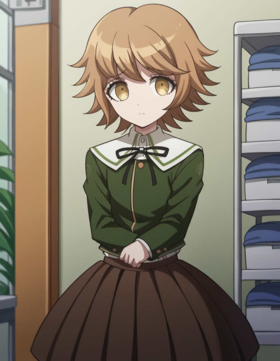 score_9, score_8_up, score_7_up, source_anime, <lora:chihiro-fujisaki-s1-ponyxl-lora-nochekaiser:1>, chihiro fujisaki, short hair, bangs, brown hair, brown eyes, male focus, otoko no ko,, skirt, shirt, long sleeves, ribbon, school uniform, jacket, pleated skirt, black ribbon, neck ribbon, brown skirt, green jacket,, hospital room, bedside, get well flowers, comforting, quiet, , looking at viewer, hand palm facing down, solo,, cowboy shot, dutch angle