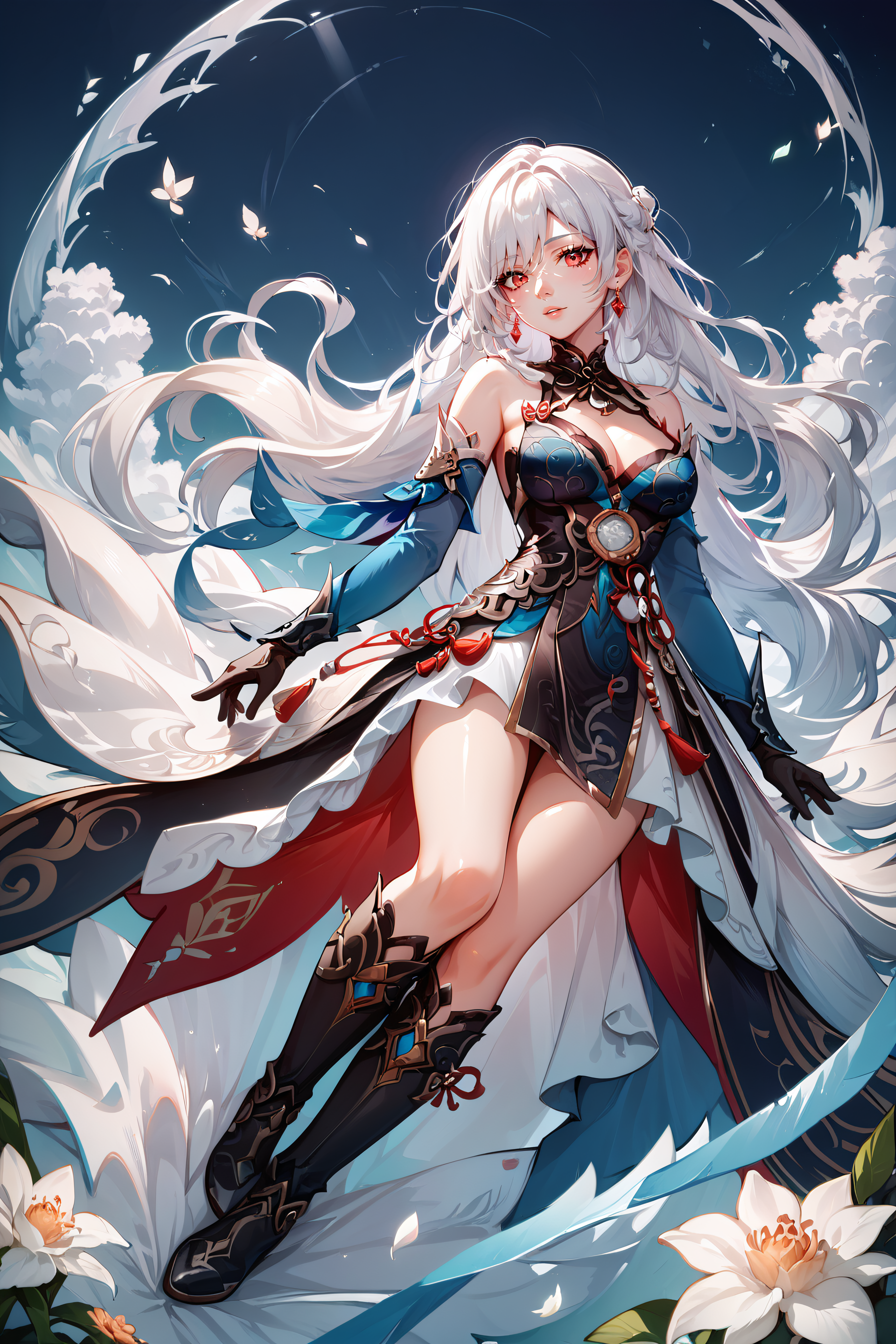score_9, score_8_up, score_7_up, <lora:Jingliu-PonyXL-lora-faxtron:0.8> jingliu, red eyes, white hair, long hair, medium breasts, dress, cleavage, bare shoulders, jewelry, earrings, detached sleeves, gloves, boots,