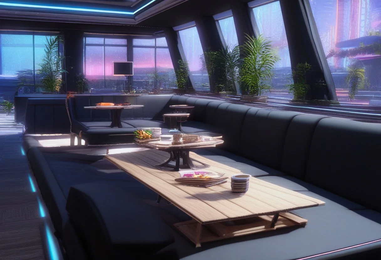 score_9, score_8_up, score_7_up, score_6_up, score_5_up, S0LUT10N-9 Style, no humans, scenery, plant, indoors, table, cafe, synthwave, science fiction, couch, food, light, <lora:fb1dd807-59d7-4c42-a432-5d9215ee8991:0.7>