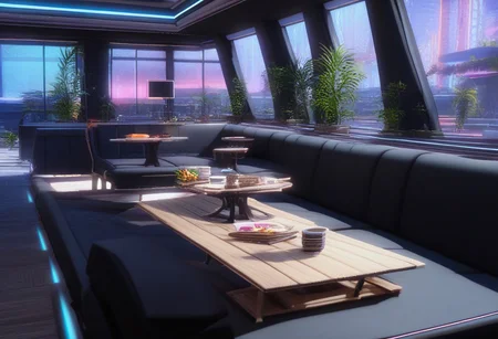 score_9, score_8_up, score_7_up, score_6_up, score_5_up, S0LUT10N-9 Style, no humans, scenery, plant, indoors, table, cafe, synthwave, science fiction, couch, food, light, <lora:fb1dd807-59d7-4c42-a432-5d9215ee8991:0.7>