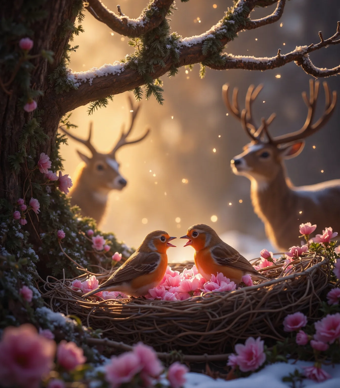At the heart of an enchanted winter forest, nestled between the roots of an ancient oak tree, a pair of red robins busily craft their love nest. The delicate twigs and soft down feathers they collect intertwine to form a heart-shaped cradle, glowing under the golden light of the setting sun. 

As one robin carefully arranges the final petal—a soft pink cherry blossom—the other perches beside it, their tiny beaks brushing in a tender display of devotion. Frost-kissed ivy drapes over their cozy haven, while distant deer pause to watch this tiny romance unfold. 

Above them, the first snowflakes of the season drift gently through the air, creating a scene of tranquil intimacy. The whole forest, bathed in warm, golden twilight, seems to hold its breath, embracing this delicate moment of love between the smallest of creatures.

