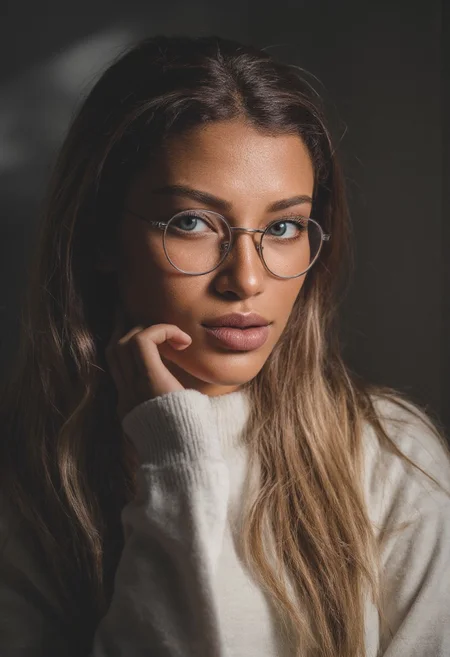 A hyper-realistic portrait. cinematic upper body photo, Dramatic Shadow with a Bold Look, A brunette woman, her hair neatly styled with subtle highlights that catch the light softly, beam of light on her, She wears round, silver-framed glasses perched elegantly on the bridge of her nose, excellent dynamic range, makeup, natural youthful glow. White modern clothes, straight white hair cascading down her shoulders, Her eyes are almond-shaped and striking blue ,accentuated by thick ,eyeliner. Her eyebrows are well-groomed,framing her eyes. approaching perfection, dynamic, highly detailed, smooth, sharp focus, intricate details, shallow depth of field, vignette, high budget, gorgeous, film grain, grainy,(skin texture:1.4) 
 Extreme emphasize on photorealistic, realistic detail, realistic reflection detail and realistic background detail. The atmosphere is one of tranquility and happiness, enhanced by the subtle interplay of light and shadow across the scene