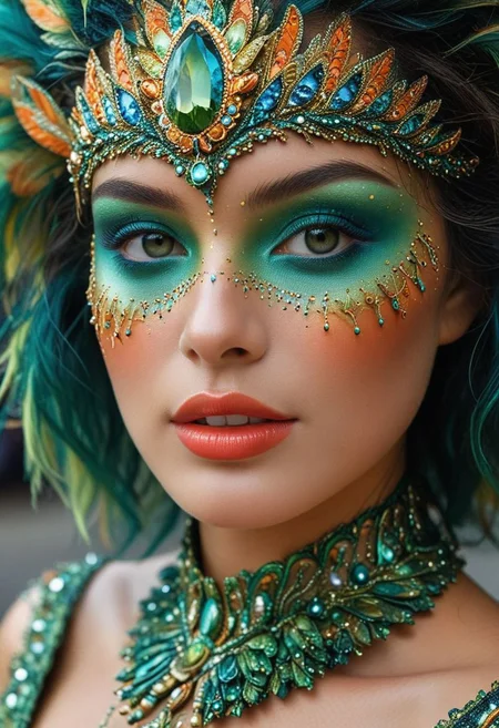 midshot,bellissima, 1girl, a close up of a person with green eyes,vibrant colors of Rio de Janeiro's Carnival are a feast for the eyes, with elaborate costumes, samba music, and street parades,Hyperrealistic art Extremely high-resolution details photographic realism pushed to extreme fine texture incredibly lifelike,Ultra Real Raw digital photo Magic Realism masterpiece,Iphone X,Motion blur