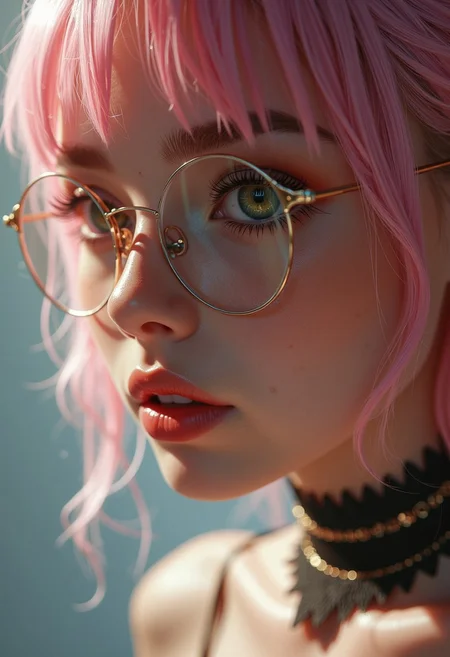 masterpiece, best quality, hyperrealistic digital painting by Jeremiah Ketner and Charlie Bowater and Stanley Artgerm and Thomas Saliot and J. Scott Campbell, shallow depth of field, bokeh, incredibly detailed, real, lifelike face, realistic, round thin-rimmed glasses, pink hair, green eyes, deep gaze, side view, extreme close up, blurred background,