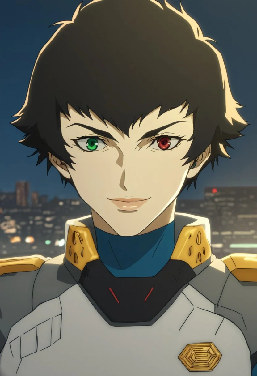 score_9_up, score_8_up, score_7_up, score_6_up, source_anime BREAK l4dydmc4n1m3, red eyes, green eyes, heterochromia, black hair, short hair, bodysuit, fingerless gloves, black gloves, pilot suit, epaulettes, portrait, close up, smile, closed mouth, city street, daytime, masterpiece, beautiful lighting