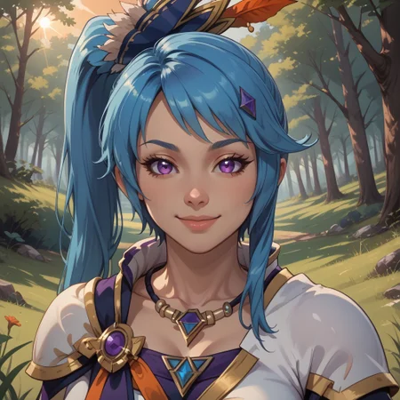 score_9, score_8, BREAK, solo, Lana (Hyrule Warriors), blue hair, side ponytail, hair ornament, sexy pose, self portrait, smile, looking at viewer, outdoors, sunlight, shadows, evening lighting, natural lighting, forest, trees, grass, orange sky, sunset
