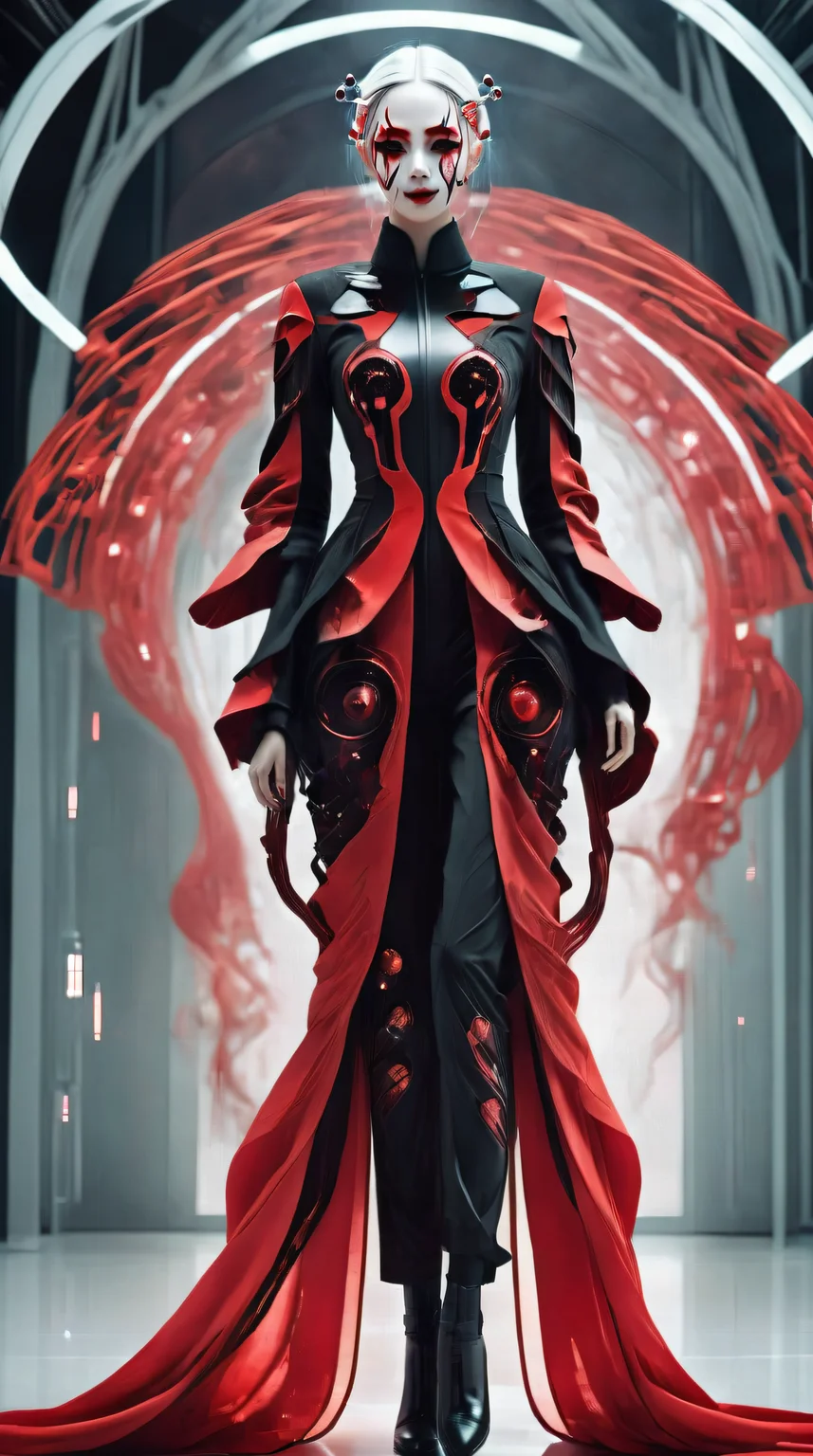 1girl,bailing-traditional opera,(facepaint:0.8),solo,full body,chinese clothes,sci-fi style,white hair,red and black theme,<lora:xl-shanbailing-1029chinese technology-000003:1>,