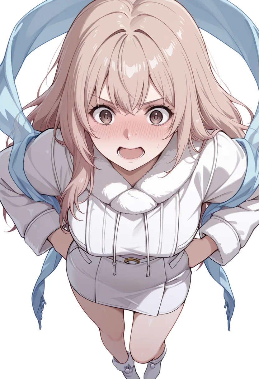 masterpiece,high quality details,
 <lora:Kazusa_Ootori_V2:0.8>
kazusa_cnr, 1girl, light brown hair, long hair, brown eyes,, simple background, white background, from above,solo,, panicking,full-face blush,, one hand on hip,one hand in pocket,one foot propped on surface,, winter clothes,hagoromo,pencil skirt, ,bow legwear,