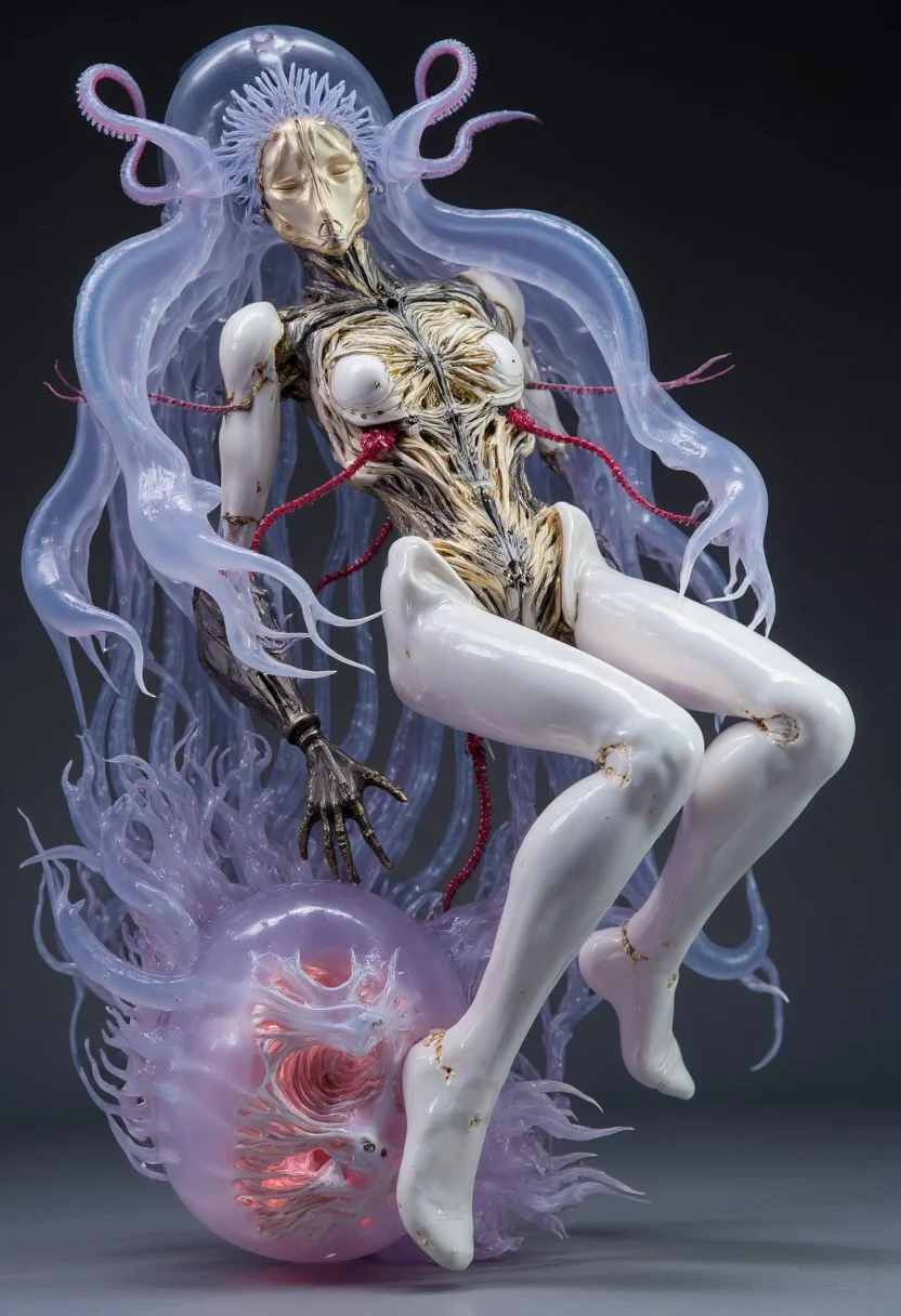 4byss, a humanoid android in a reclined position, its synthetic body seamlessly merging organic jellyfish elements with mechanical components. The figure's porcelain-white synthetic skin is partially deconstructed, revealing an intricate internal structure where mechanical vertebrae and neural cables interweave with translucent, bioluminescent tentacles that pulse with deep blues and vibrant crimsons.