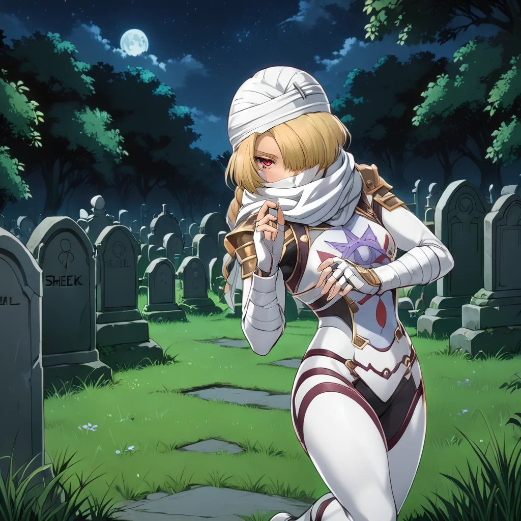 1girl, SheikXL, woman sneaking around, white outfit, <lora:SheikXL:.7>, soft hands, red eyes, blonde hair, nose, graveyard at night, (anime, masterpiece, intricate:1.3), (best quality, hires textures, high detail:1.2), (4k),(incredibly detailed:1.4),UHD, 8K, ultra detailed