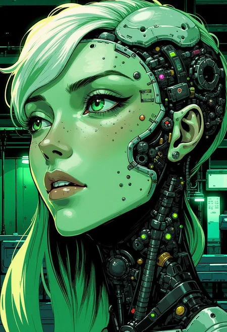 <lora:ck-Goro-Fujita:1>, digital artwork in the style of ckgf, A mesmerizing close-up portrait of an alien woman, her striking features blending extraterrestrial elegance with subtle mechanical elements. Her skin has a smooth, otherworldly texture, adorned with small, organic patterns. Her long, wavy hair cascades around her face, but in the Gameboy-style palette of green, white, and black. Mechanical elements are seamlessly integrated into her face and neck—sharp, angular pieces emerge like delicate circuitry. The chiaroscuro-inspired lighting brings deep contrast, with bold shadows enhancing her alien beauty. The background features a cyberpunk workshop, and the limited palette emphasize the alien and mechanical features, while a soft green glow outlines parts of her face and hair, creating a futuristic yet nostalgic visual reminiscent of early handheld gaming
<lora:ck-nc-pastel-cyberpunk:0.3>
<lora:ck-MetalGearSolid:0.25>
<lora:RetroAnimeFluxV1:0.25>