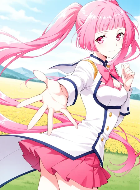 <lora:Nalan_Yanran:1>
1 girl, solo, pink hair, pink eyes, very long hair, twintails, bangs, blunt bangs, ponytail
white dress, cleavage, pink miniskirt, cleavage cutout, pink bow, pink bowtie, pleated skirt, high heels, clothing cutout, long sleeves, sailor collar
score_9, score_8_up, score_7_up, very aesthetic, source_anime, detailed, high quality, beautiful, masterpiece, detailed eyes, field, blurry background, pose dynamic angle, upper body, cowboy shot, light smile, looking back, reaching out, floating hair
