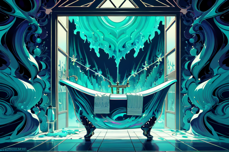 highly insanely detailed, masterpiece, top quality, best quality, highres, 4k, 8k, RAW photo, (very aesthetic, beautiful and aesthetic),  
(code_style,codestyle), 
<lora:CodeStyle (half generic class)_564920:0.3>, 
(1girl:1.3), 1other, 
bath with a sink with bathroom,window,door,toilet,faucet,soap,tile floor,chitin a sink,chitin bathroom,chitin,(chitin theme:1.2),(rough jagged texture:1.3),glow,jade,a colorful background,(colored geometric background,abstract colored fractal background:1.3),âââ